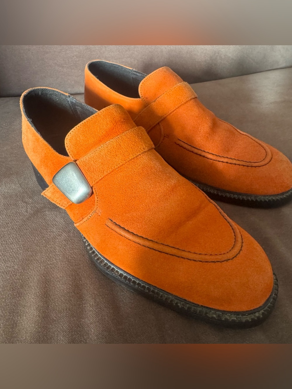 Kenneth Cole Orange Suede Slip-On Loafers with Silver Buckle
